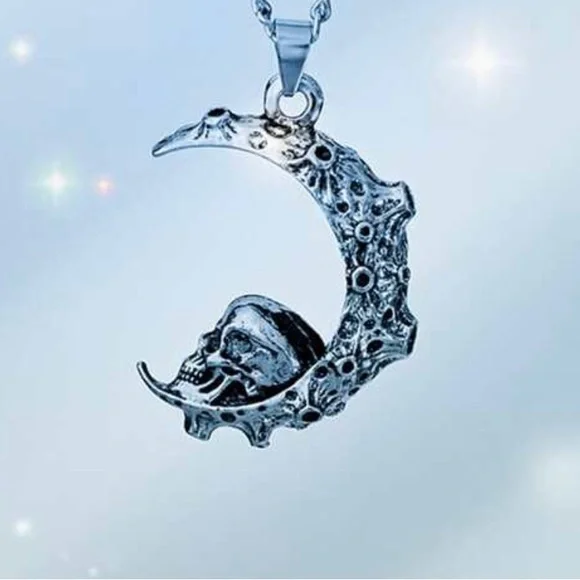 “Skull on the Moon” Regolith Lunar Crater Crescent Celestial Goth Steel Necklace - Picture 10 of 16
